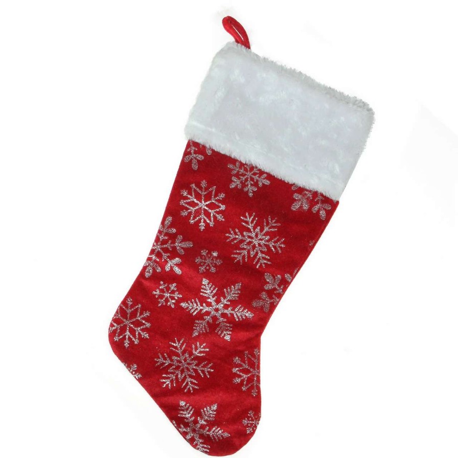 Stockings & Holders * | Northlight 20-Inch Red And Silver Glitter Snowflakes Christmas Stocking With A Faux Fur Accent