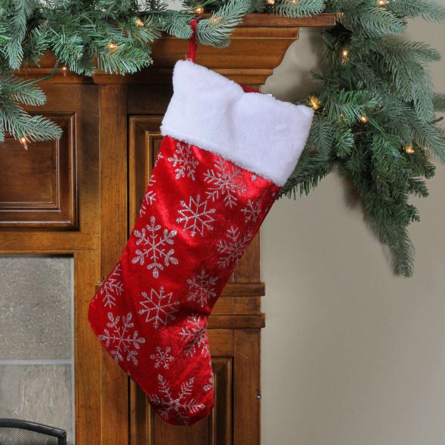 Stockings & Holders * | Northlight 20-Inch Red And Silver Glitter Snowflakes Christmas Stocking With A Faux Fur Accent