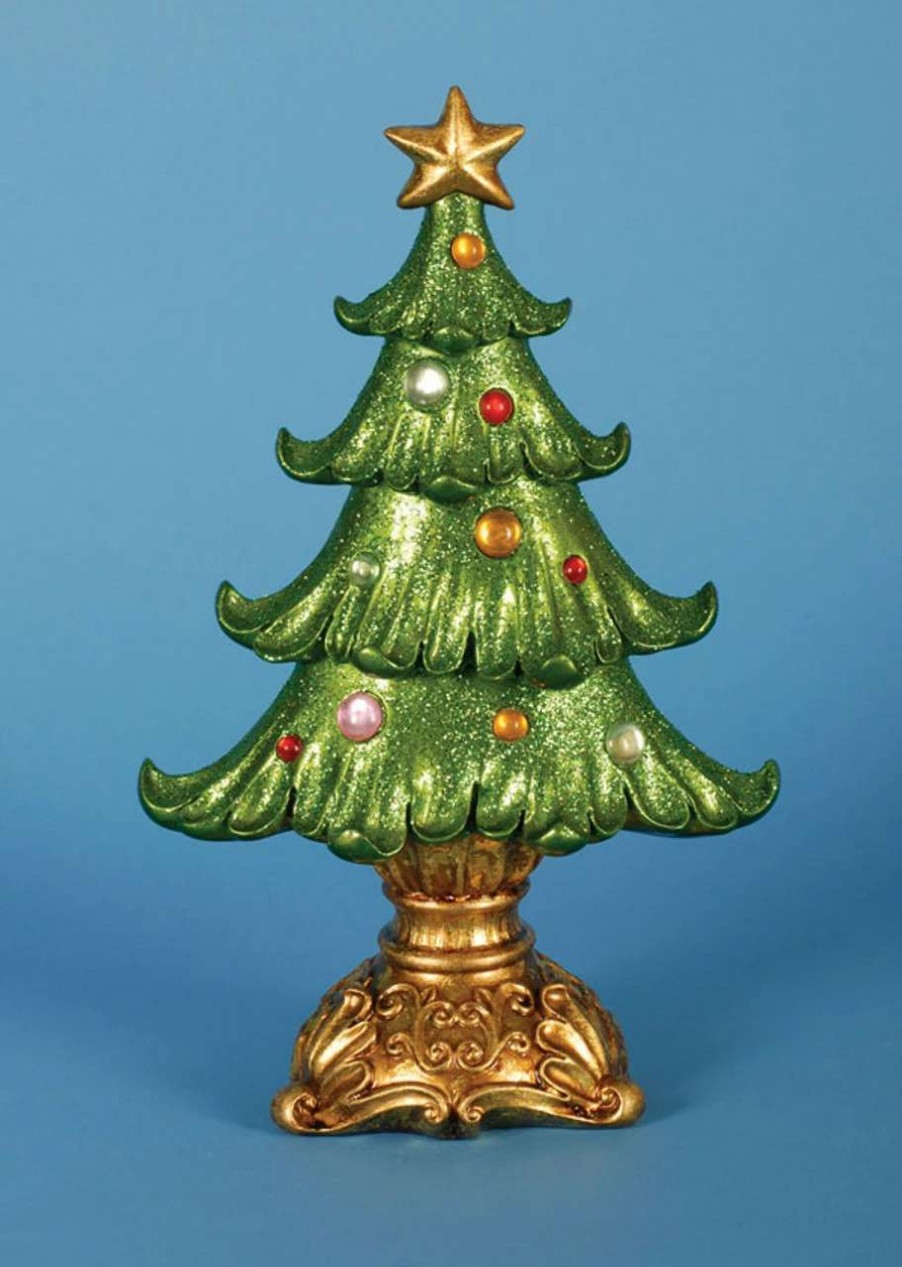 Christmas Table Top Trees * | Lynn Roberts Set Of 2 Green And Gold Ornate Glittered Christmas Tree Tabletop Decoration 12