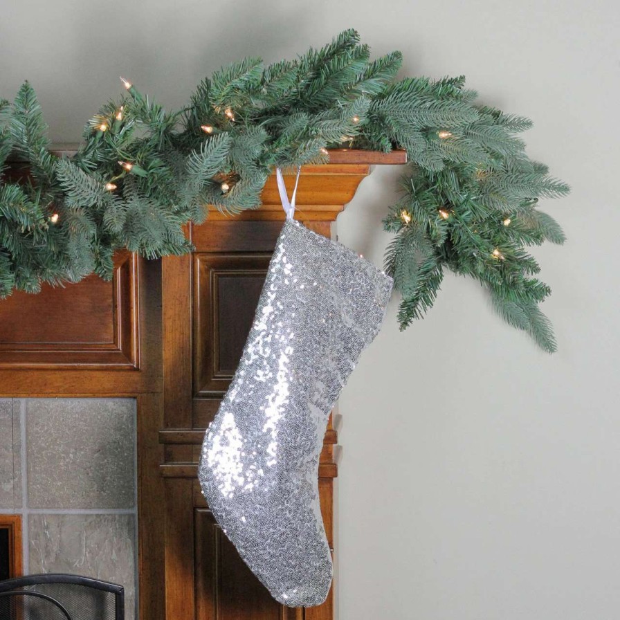 Stockings & Holders * | Northlight 17.5 White And Gray Sequins Hanging Christmas Stocking