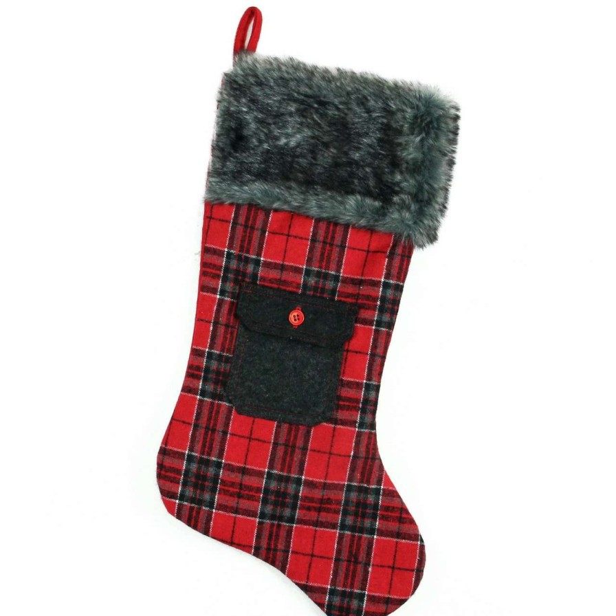 Stockings & Holders * | Northlight 20.5 Red And Black Plaid Christmas Stocking With Pocket And Faux Fur Cuff