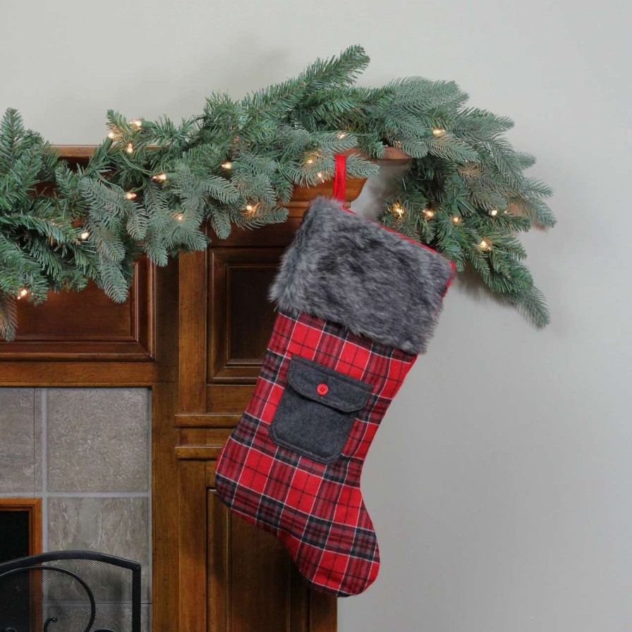 Stockings & Holders * | Northlight 20.5 Red And Black Plaid Christmas Stocking With Pocket And Faux Fur Cuff