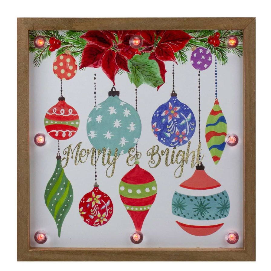 Christmas Village Sets & Accessories * | Northlight 11.8 Brown Wooden Frame "Merry & Bright" With Hanging Ornaments And Glitter Christmas Plaque