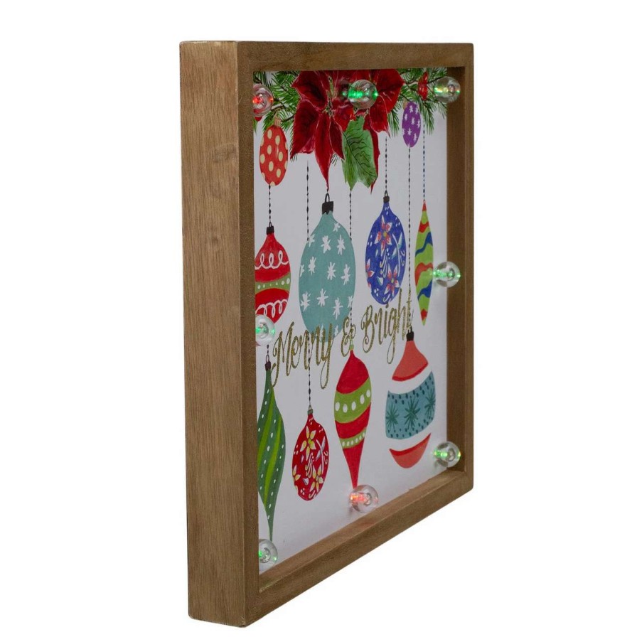 Christmas Village Sets & Accessories * | Northlight 11.8 Brown Wooden Frame "Merry & Bright" With Hanging Ornaments And Glitter Christmas Plaque