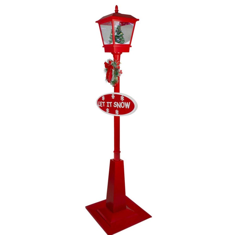 Candles & Lanterns * | Northlight 70.75 Musical Red Holiday Street Lamp With Christmas Tree Snowfall Lantern