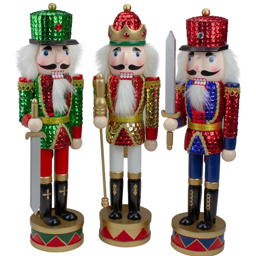 Figures * | Nutcracker Factory Set Of 3 Red Sequin Jacket Wooden Christmas Nutcrackers 14.25