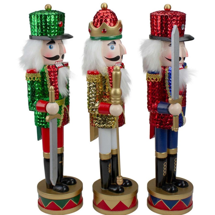 Figures * | Nutcracker Factory Set Of 3 Red Sequin Jacket Wooden Christmas Nutcrackers 14.25