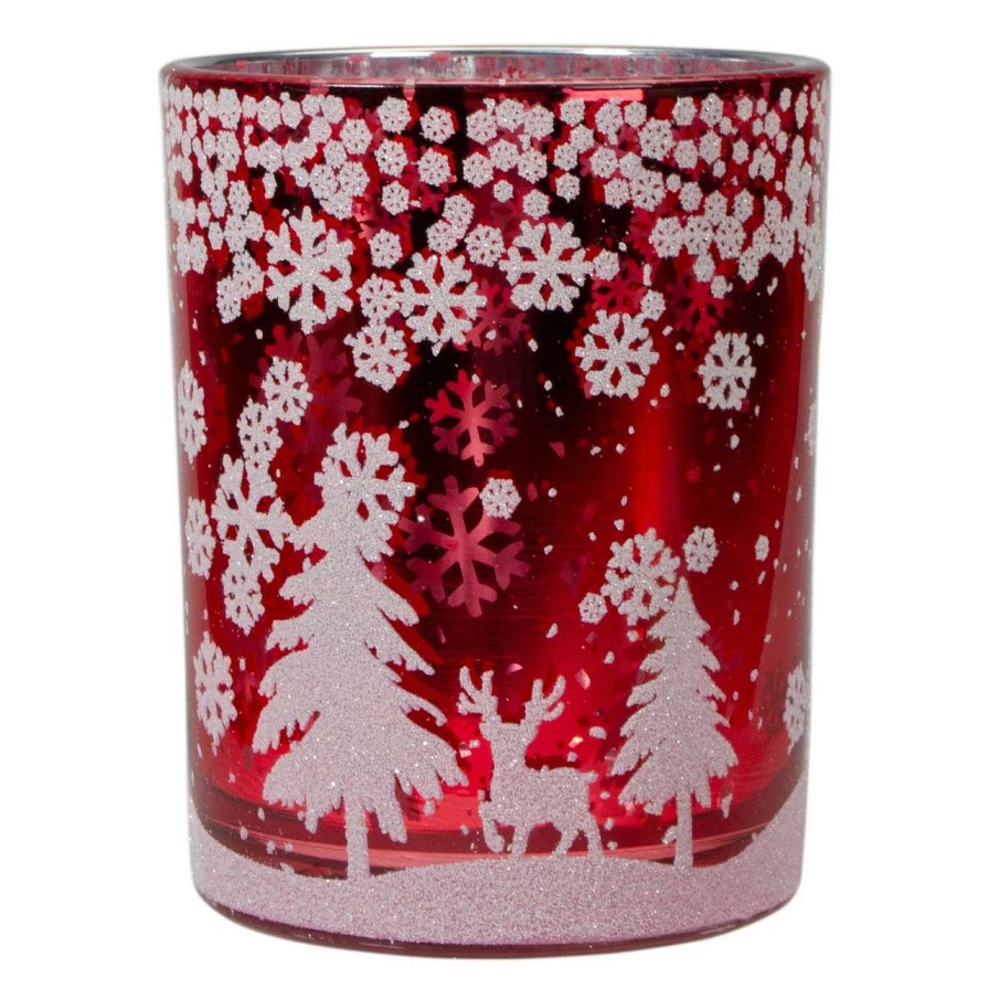 Candles & Lanterns * | Northlight 5 Red And Shiny Silver Deer In Winter Woods Flameless Candle Holder