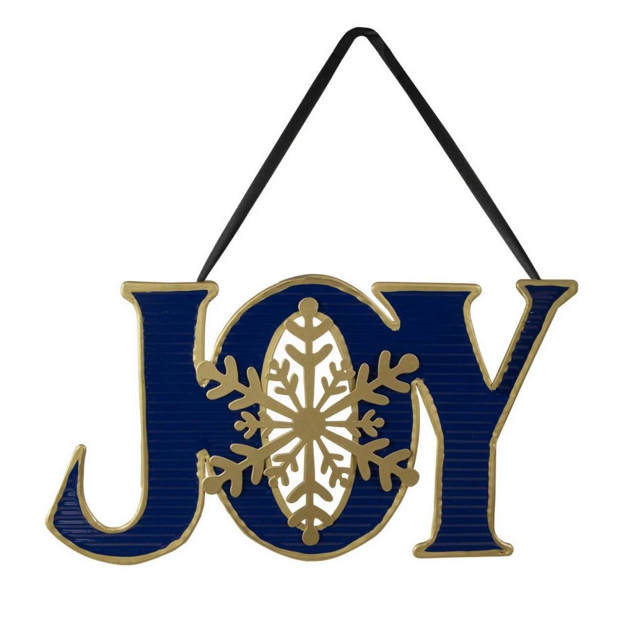 Christmas Village Sets & Accessories * | Northlight 16 Blue And Gold "Joy" Metal Christmas Wall Sign