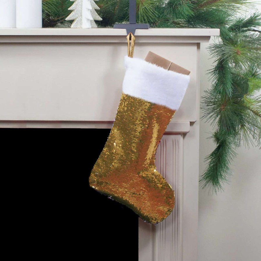 Stockings & Holders * | Northlight 19 Gold And Silver Sequin Christmas Stocking With White Faux Fur Cuff