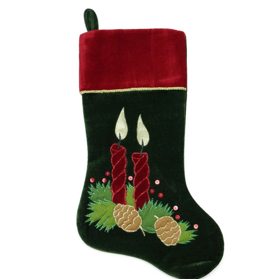 Stockings & Holders * | Northlight 20 Dark Green And Burgundy Candle And Pine Cone Velveteen Christmas Stocking