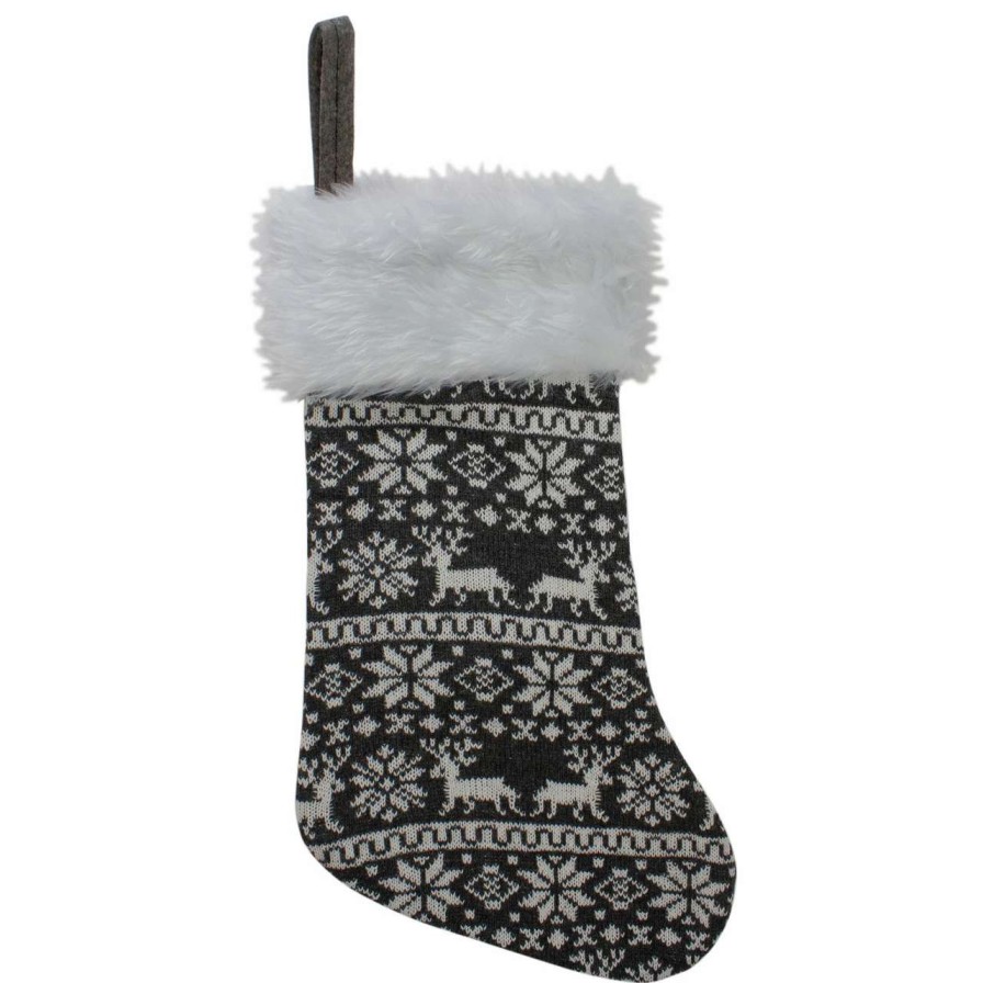 Stockings & Holders * | Northlight 19 Gray And White Reindeer And Snowflake Knit Christmas Stocking With Faux Fur Cuff