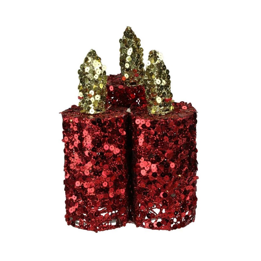 Candles & Lanterns * | Penn 9 Red And Gold Flameless Sequin Led Lighted Christmas Pillar Candle Tabletop Decor