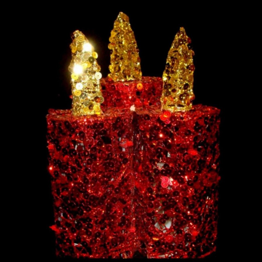 Candles & Lanterns * | Penn 9 Red And Gold Flameless Sequin Led Lighted Christmas Pillar Candle Tabletop Decor