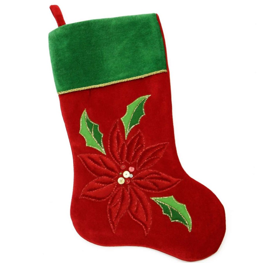 Stockings & Holders * | Northlight 20 Red And Green Velveteen Sequined Poinsettia Christmas Stocking