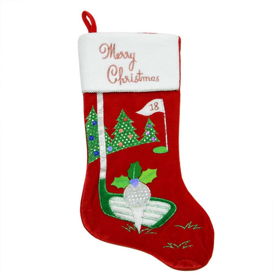 Stockings & Holders * | Northlight 20 Red Velveteen Golf Themed Christmas Stocking With White Embroidered Cuff