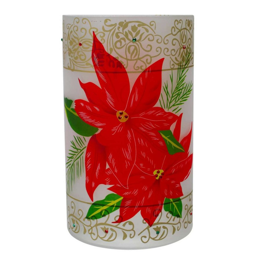 Candles & Lanterns * | Northlight 10 Hand-Painted Red Poinsettias And Gold Flameless Glass Christmas Candle Holder