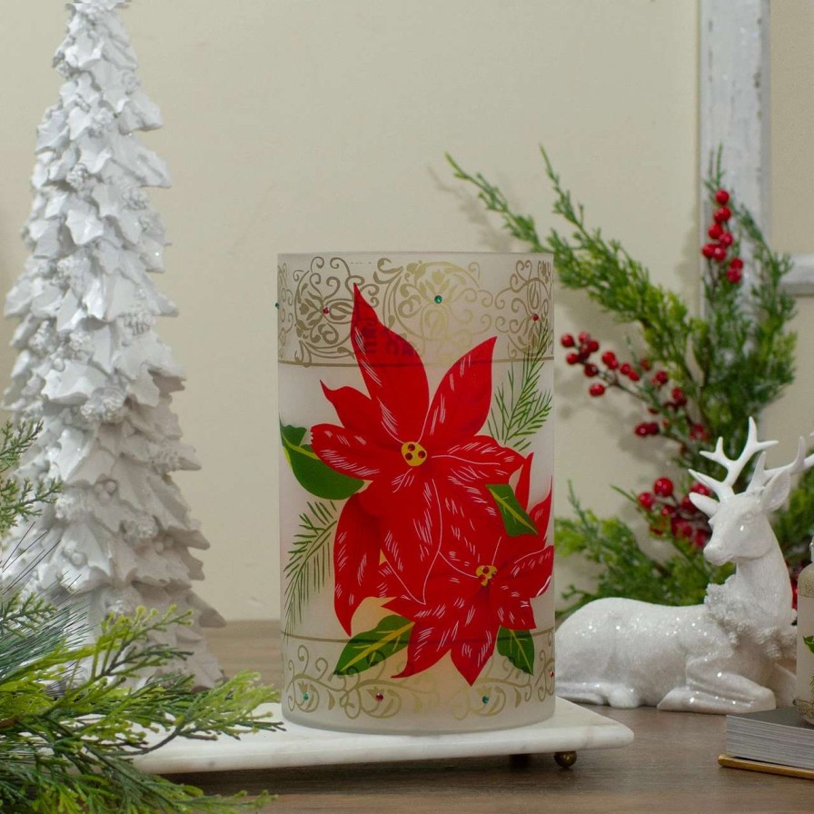 Candles & Lanterns * | Northlight 10 Hand-Painted Red Poinsettias And Gold Flameless Glass Christmas Candle Holder