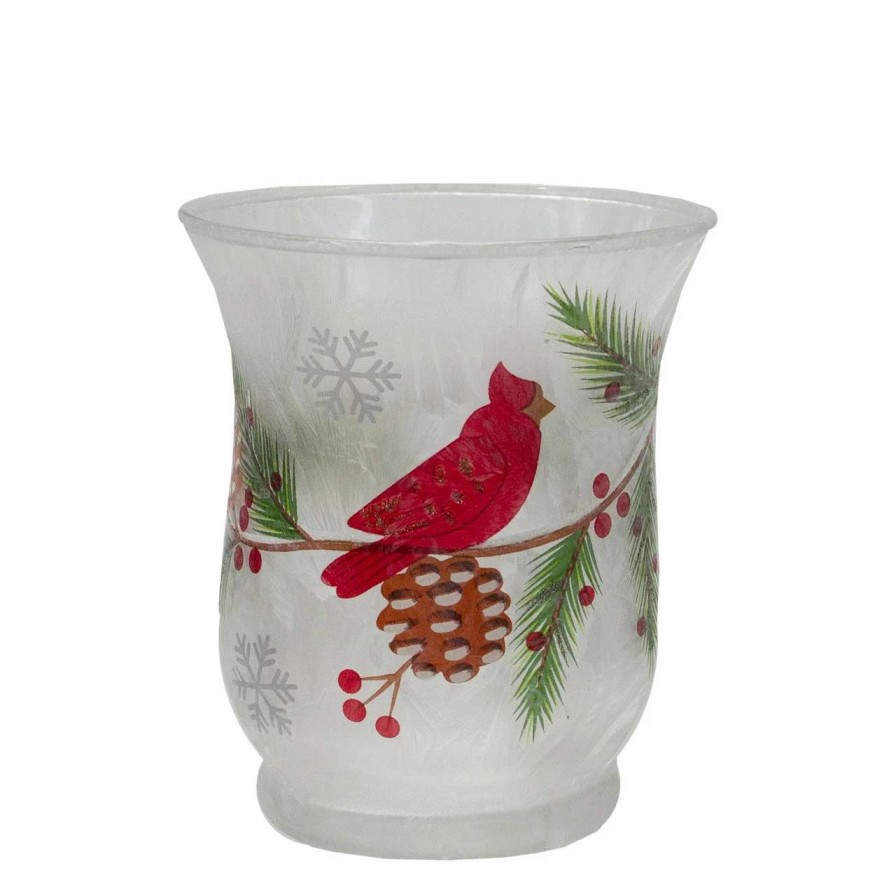 Candles & Lanterns * | Northlight 2.75 Hand Painted Christmas Cardinal And Pine Flameless Glass Candle Holder