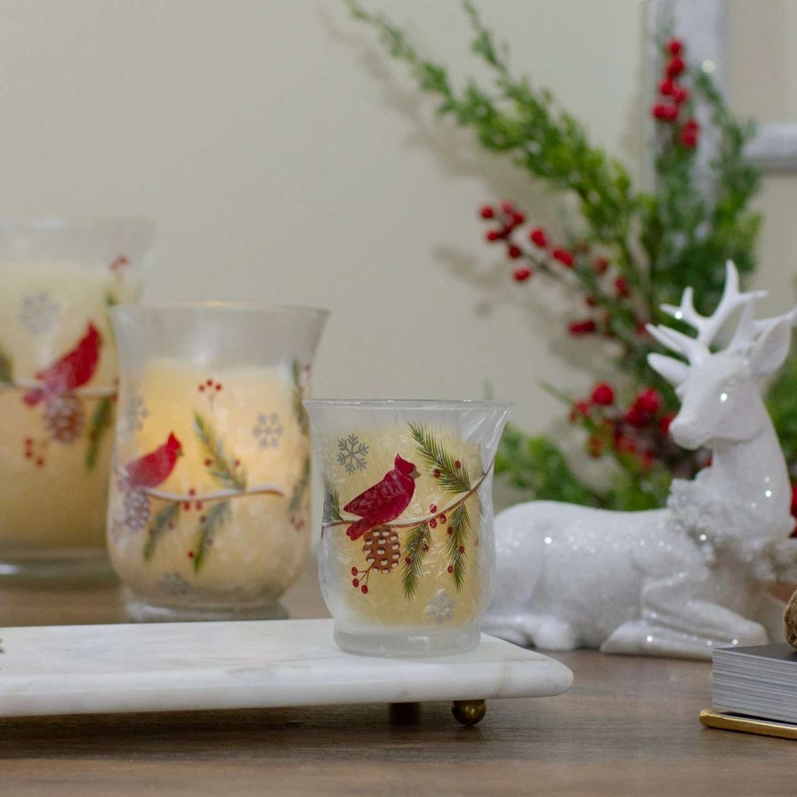 Candles & Lanterns * | Northlight 2.75 Hand Painted Christmas Cardinal And Pine Flameless Glass Candle Holder