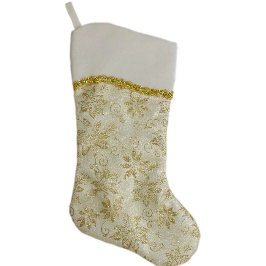 Stockings & Holders * | Northlight 20.5-Inch Gold And White Glitter Poinsettia Christmas Stocking With A Velvet Cuff