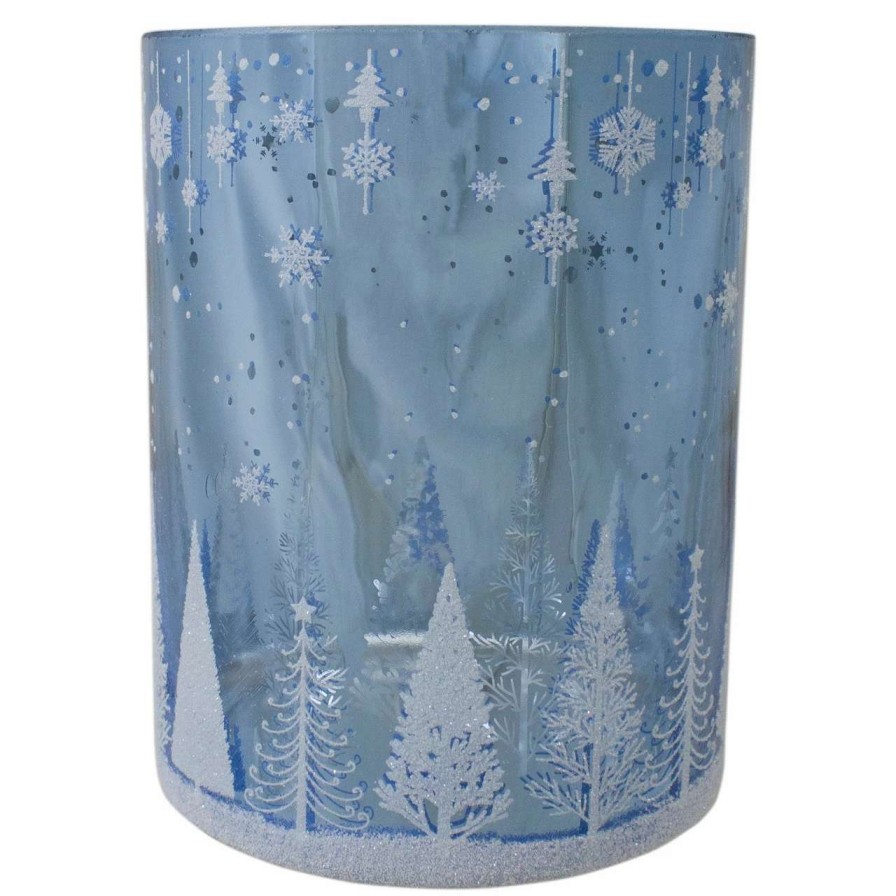 Candles & Lanterns * | Northlight 6.25-Inch Shiny Blue And Silver Winter Forest And Snowflake Flameless Candle Holder