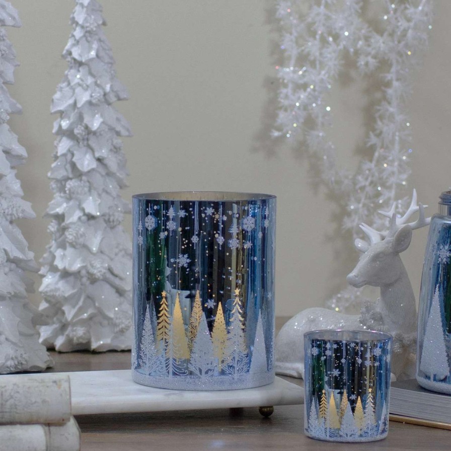 Candles & Lanterns * | Northlight 6.25-Inch Shiny Blue And Silver Winter Forest And Snowflake Flameless Candle Holder