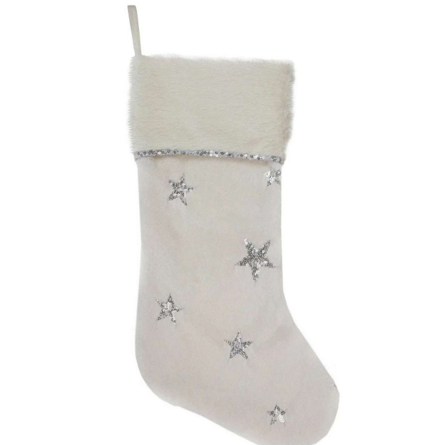 Stockings & Holders * | Northlight 20 White With Silver Stars Christmas Stocking With Faux Fur Cuff