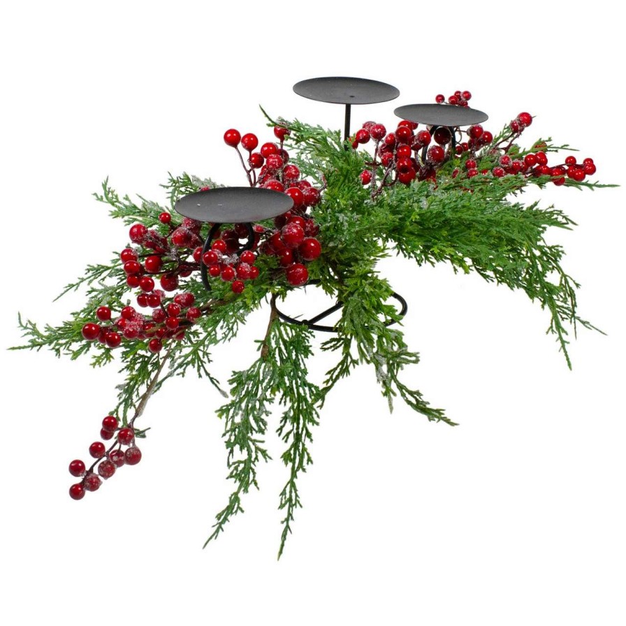 Candles & Lanterns * | Northlight 32 Frosted Red Berry Candle Holder Christmas Tabletop Decor