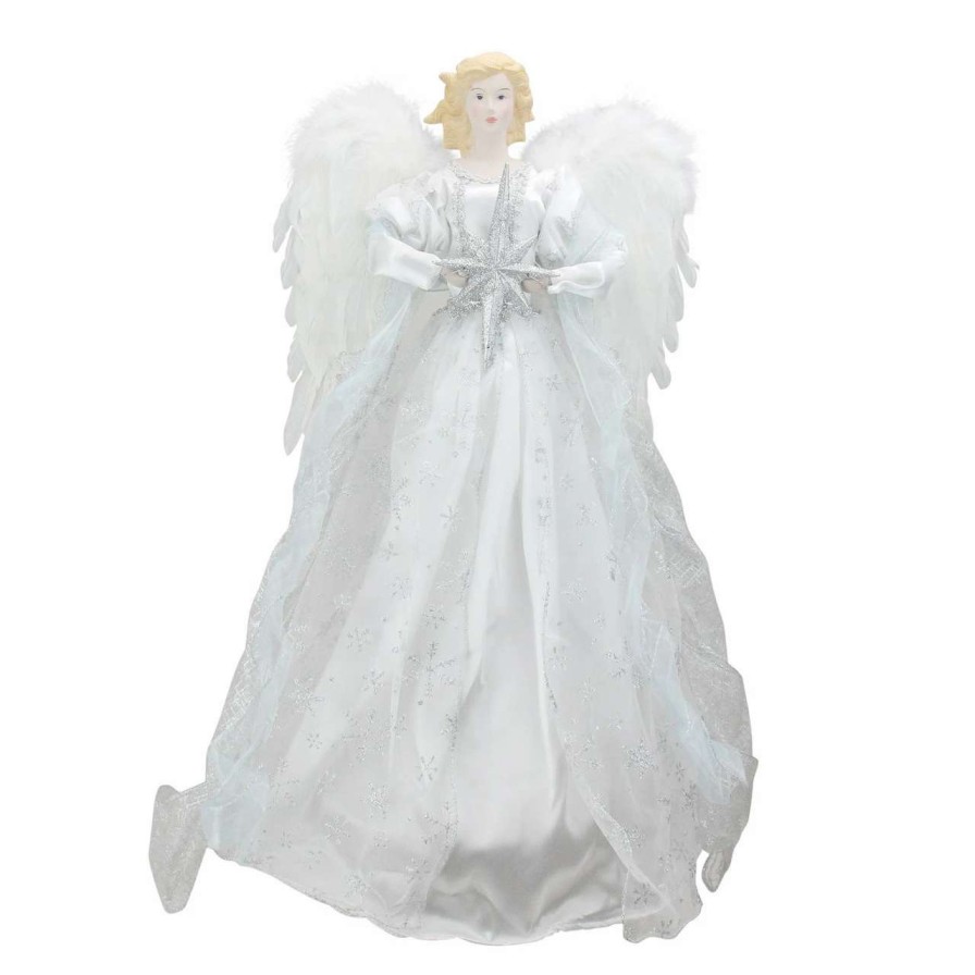 Figures * | Roman 22 White And Silver Glitter Angel With Star Hanging Christmas Decoration