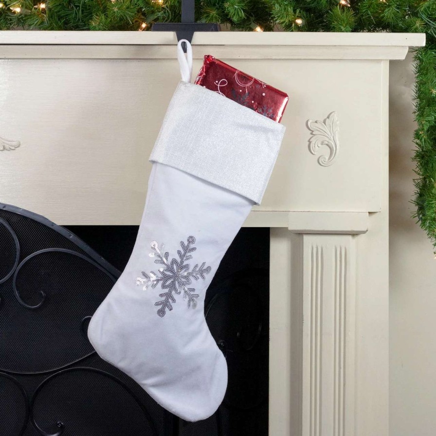 Stockings & Holders * | Northlight 20 Silver And White Snowflake Christmas Stocking With Silver Cuff