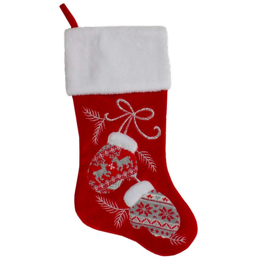 Stockings & Holders * | Northlight 20.5-Inch Red And White Winter Mittens Embroidered Christmas Stocking