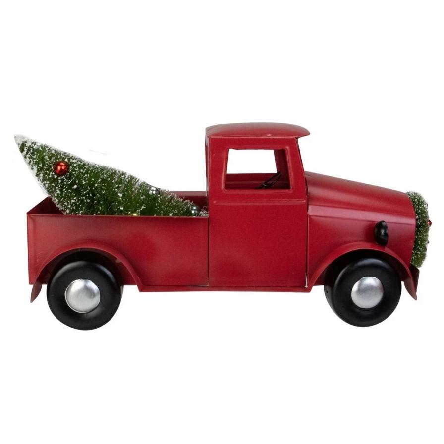 Christmas Table Top Trees * | Northlight 13.25 Red Iron Truck With Green Frosted Tree And Wreath Christmas Tabletop Decoration