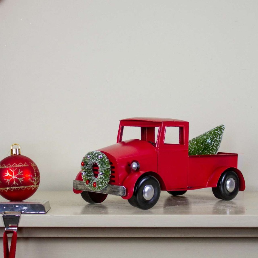 Christmas Table Top Trees * | Northlight 13.25 Red Iron Truck With Green Frosted Tree And Wreath Christmas Tabletop Decoration