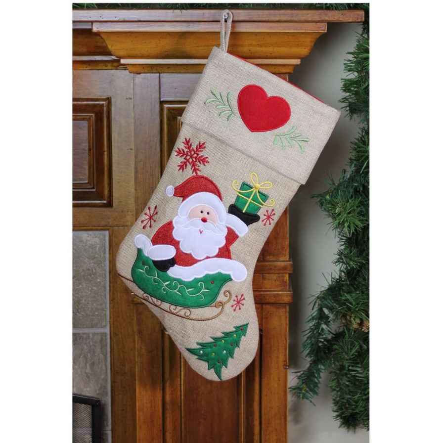 Stockings & Holders * | Northlight 19 Red And Green Santa Claus In Sleigh Embroidered Christmas Stocking