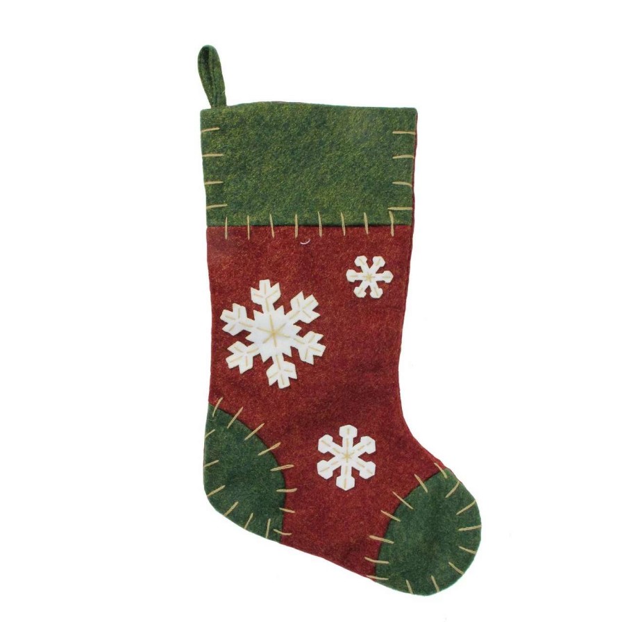 Stockings & Holders * | Northlight 20 Green And Red Snowflake Applique Christmas Stocking With Blanket Stitching