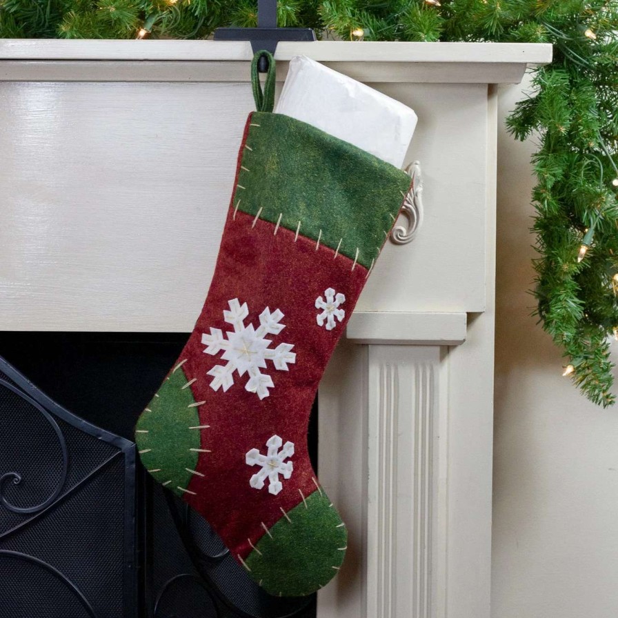 Stockings & Holders * | Northlight 20 Green And Red Snowflake Applique Christmas Stocking With Blanket Stitching