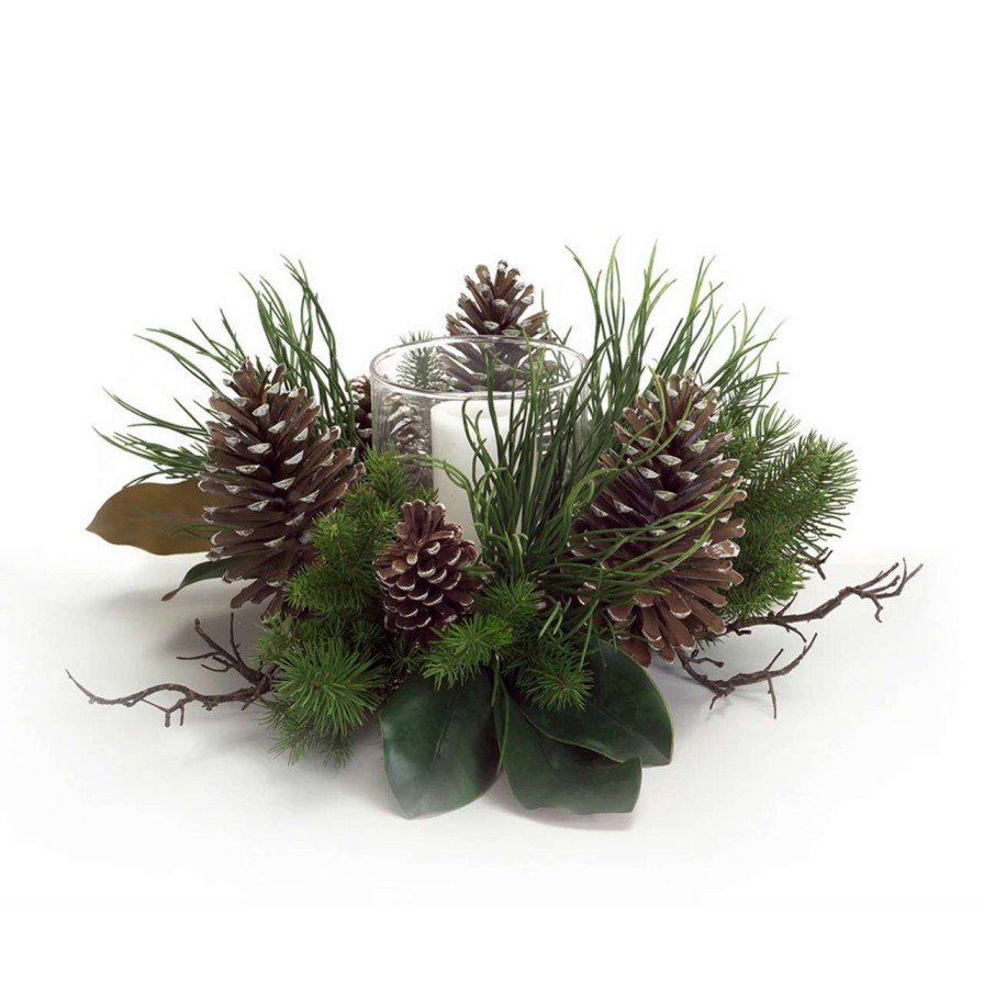 Candles & Lanterns * | Melrose 24 Green And Brown Frosted Pinecone Christmas Candle Holder