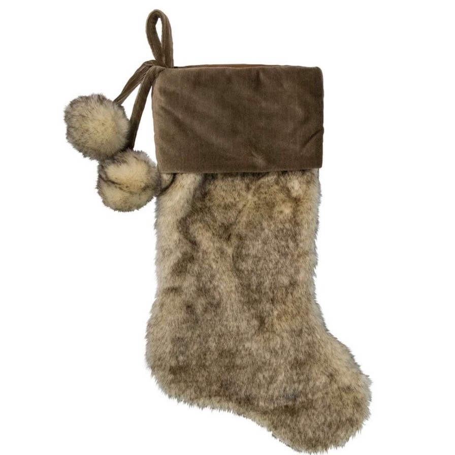 Stockings & Holders * | Northlight 20.5-Inch Brown Christmas Stocking With Corduroy Cuff And Pom Poms