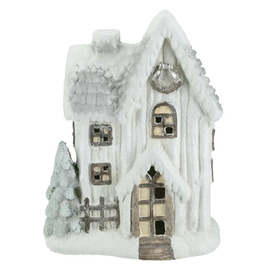 Christmas Village Sets & Accessories * | Northlight 17.5 Led Lighted White Glittered Cabin Christmas Decoration