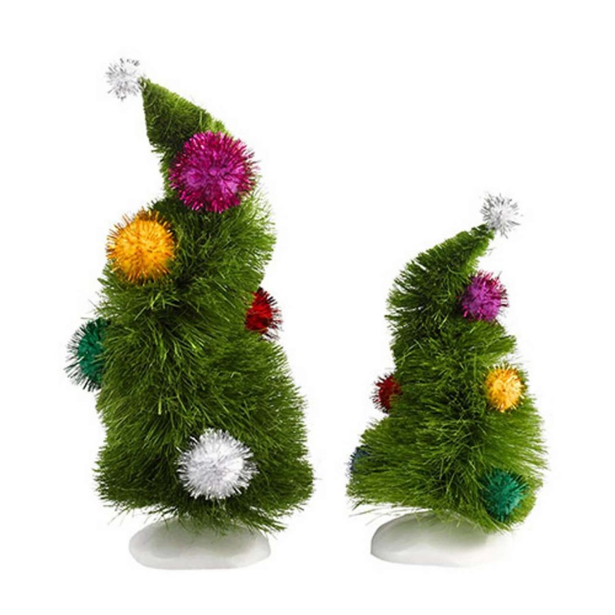 Christmas Village Sets & Accessories * | Department 56 7.5 Set Of 2 Green And Yellow Dr. Seuss The Grinch Wonky Trees Christmas Tabletop Decor