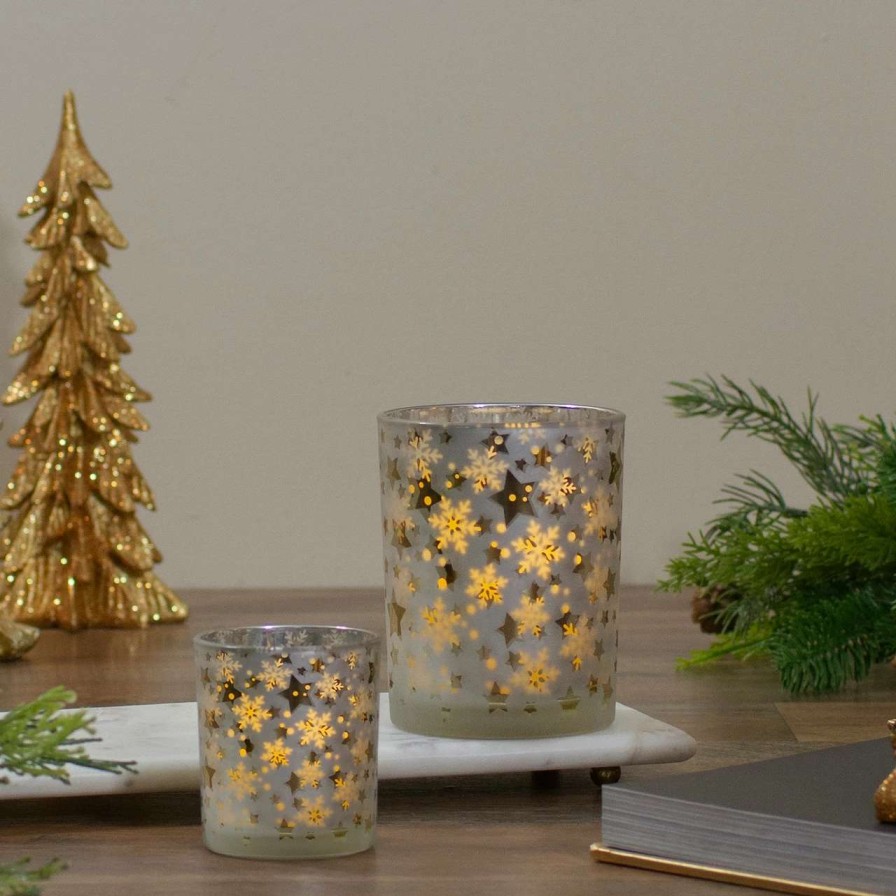 Candles & Lanterns * | Northlight 5 Matte Silver And Gold Stars And Snowflakes Flameless Glass Candle Holder