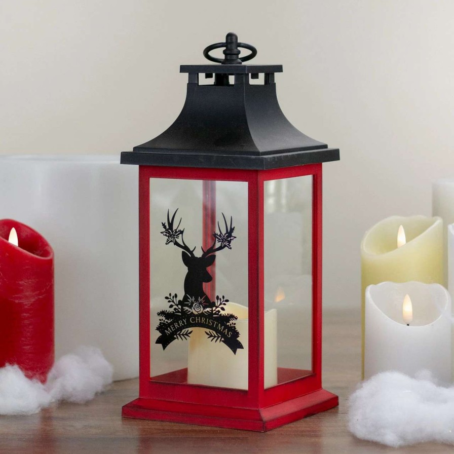 Candles & Lanterns * | Northlight 12 Red And Black Led Candle With Deer Christmas Lantern