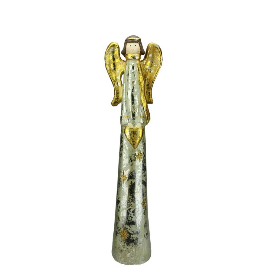 Figures * | A & B Floral 23.5 Silver And Gold Distressed Finish Angel With Heart Christmas Tabletop Figurine