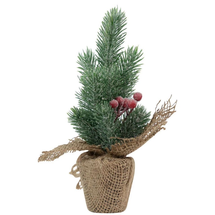 Christmas Table Top Trees * | Northlight 8.5 Mini Frosted Pine Christmas Tree With Berries Burlap Pot