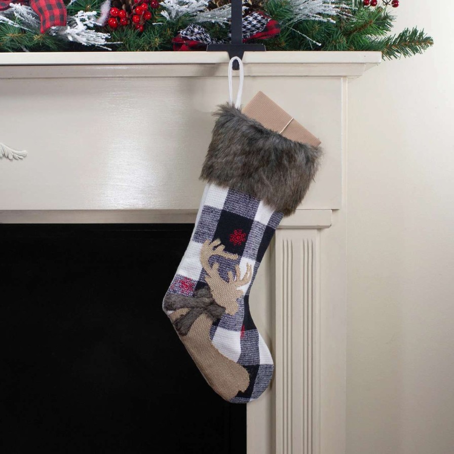 Stockings & Holders * | Northlight 18-Inch Black And White Buffalo Plaid Burlap Reindeer Christmas Stocking