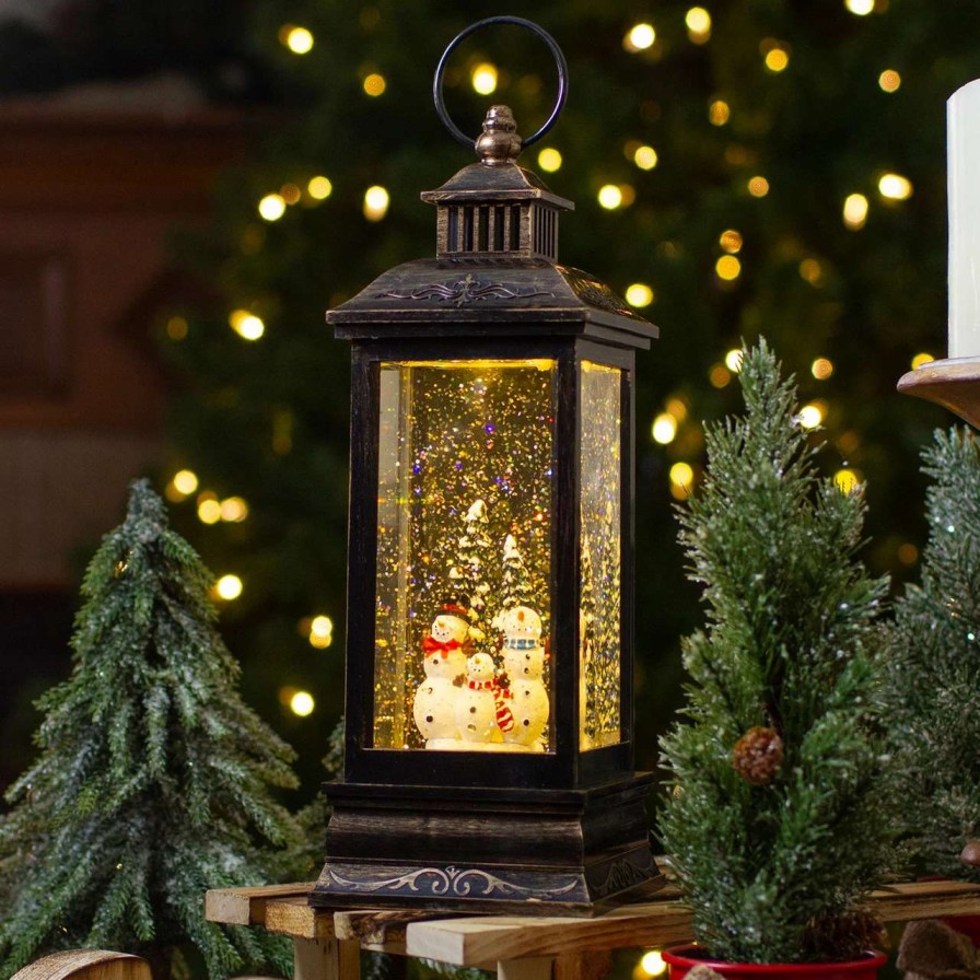 Candles & Lanterns * | Northlight 11 Black With Brushed Gold Led Snowman Family Christmas Lantern Snow Globe