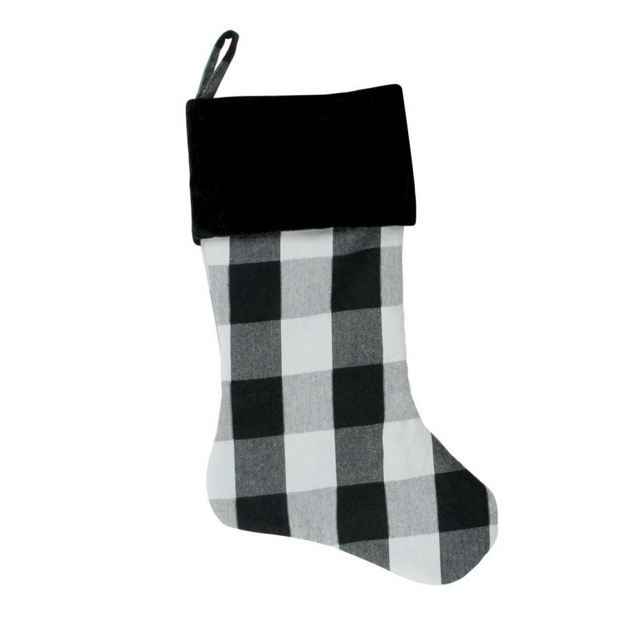 Stockings & Holders * | Northlight 20 White And Black Buffalo Plaid Christmas Stocking With Velvet Cuff