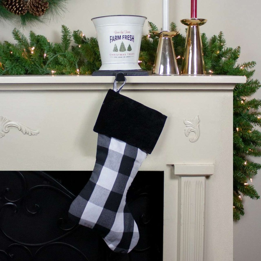 Stockings & Holders * | Northlight 20 White And Black Buffalo Plaid Christmas Stocking With Velvet Cuff