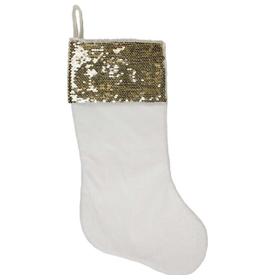 Stockings & Holders * | Northlight 20 Gold And White Reversible Sequin Cuff Christmas Stocking